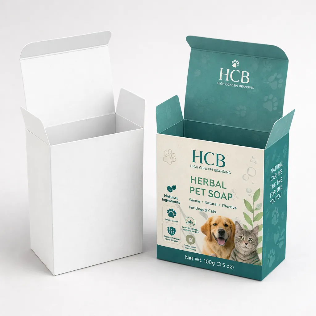 Two vertical medicinal boxes, one plain white and one with teal waves and HCB branding.